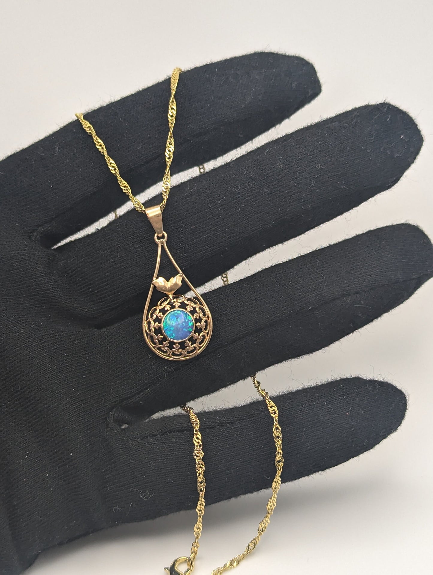 Antique 14k Yellow Gold Blue Opal Pendant Art Deco Necklace Tear Drop Filigree Opal Pendant Complimentary 18k GF necklace