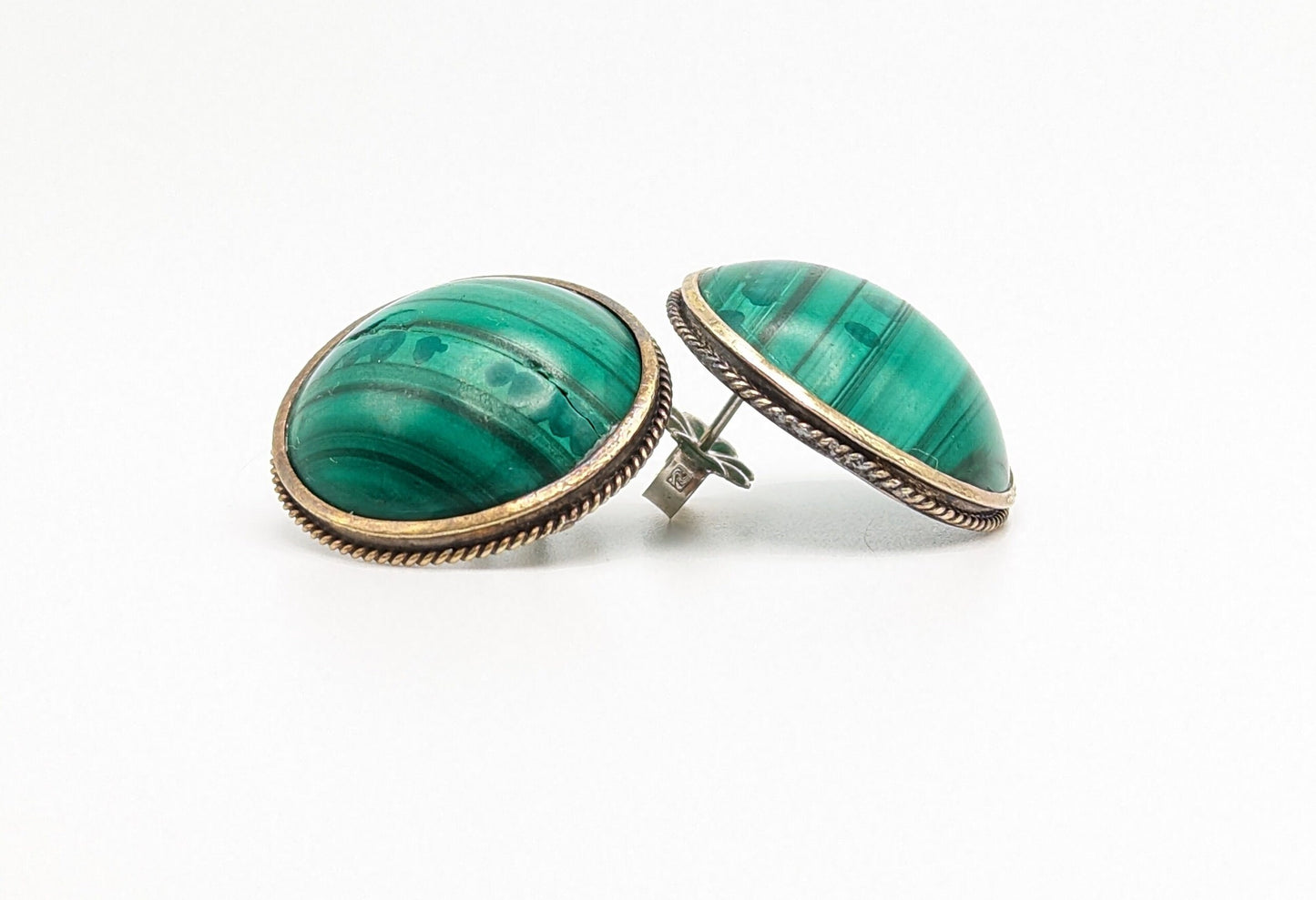 Vintage Large 10k Victorian Round Malachite Earrings. 10k Malachite Earrings. Round Malachite Earrings.