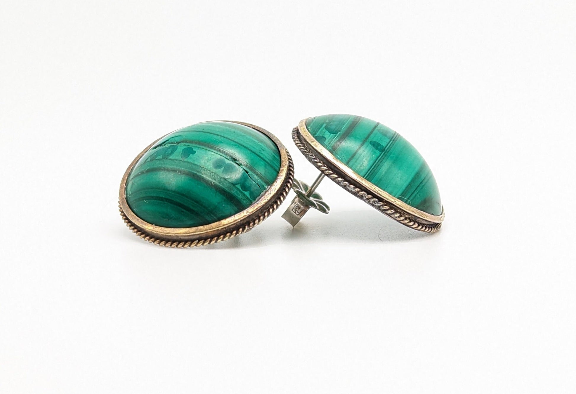 Vintage Large 10k Victorian Round Malachite Earrings. 10k Malachite Earrings. Round Malachite Earrings.