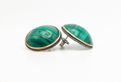 Vintage Large 10k Victorian Round Malachite Earrings. 10k Malachite Earrings. Round Malachite Earrings.