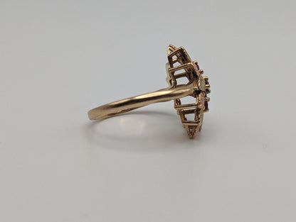 10k Heavy Black Hills Gold Tri-Colored Leaf Ruby Diamond Leaf Ring. Womens Black Hills Trio Gold Diamond and Ruby Leaf Ring.