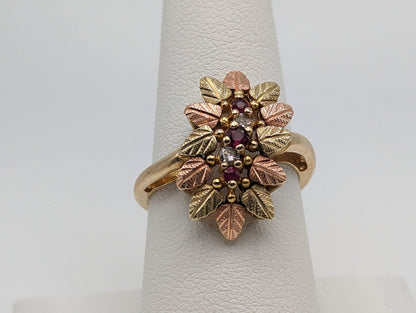 10k Heavy Black Hills Gold Tri-Colored Leaf Ruby Diamond Leaf Ring. Womens Black Hills Trio Gold Diamond and Ruby Leaf Ring.