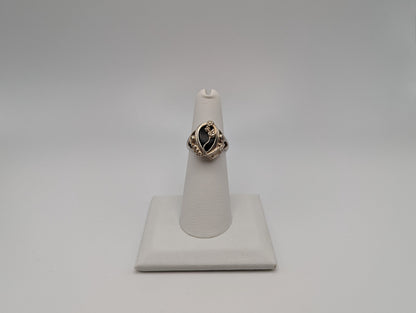 Heavy Sterling Silver Grape Vine Black Hills Gold Onyx Tear Shaped Flower Ring. Black Hills Gold Vine Ring. Signet Silver Ring.