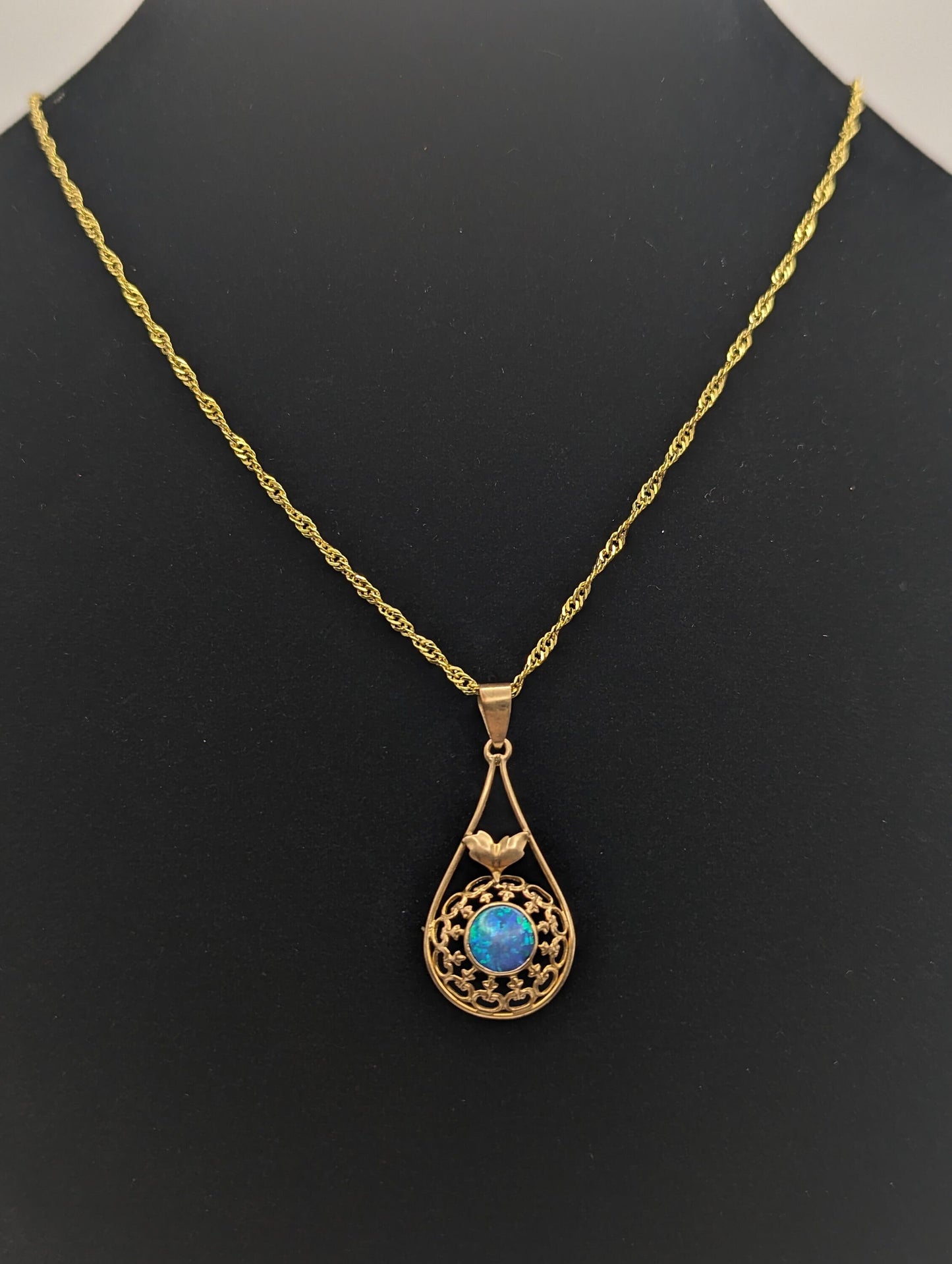 Antique 14k Yellow Gold Blue Opal Pendant Art Deco Necklace Tear Drop Filigree Opal Pendant Complimentary 18k GF necklace