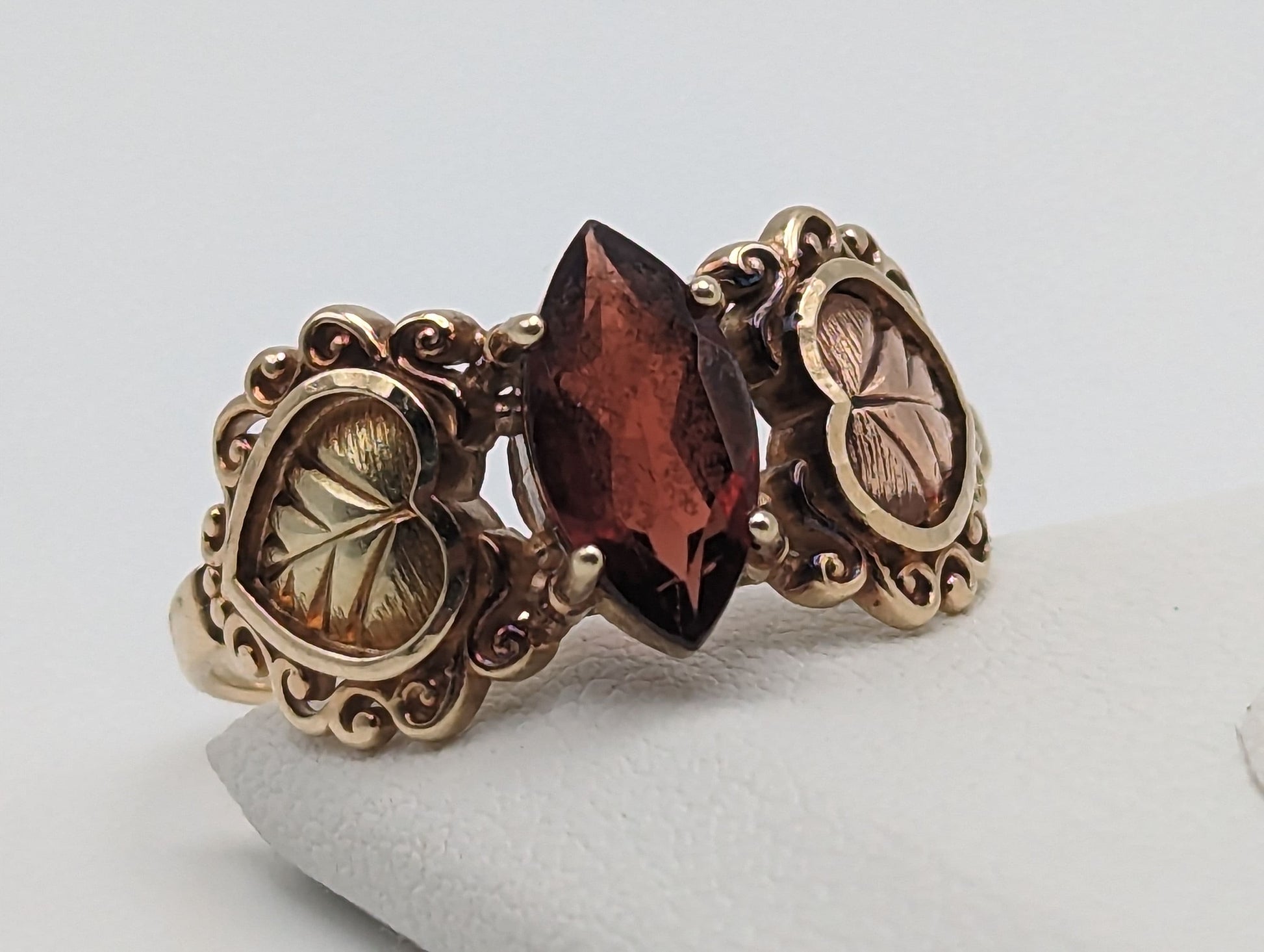 10k 12k Black Hills Gold Red Garnet Marquise Cut Stone Ring Leaf Red Stone Leaf Filigree Ring. 10k Womens Black Hills Vine Ring.