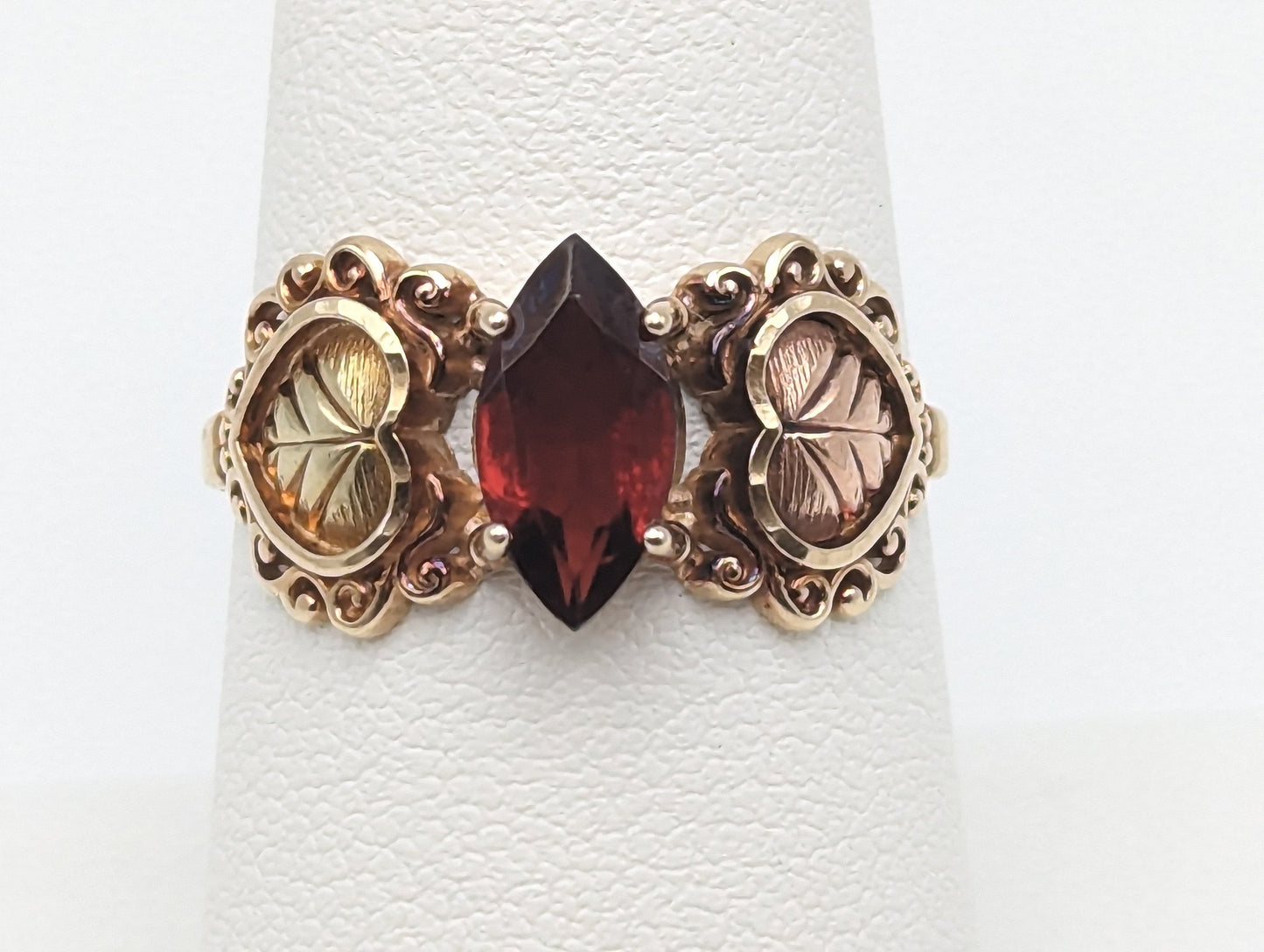 10k 12k Black Hills Gold Red Garnet Marquise Cut Stone Ring Leaf Red Stone Leaf Filigree Ring. 10k Womens Black Hills Vine Ring.