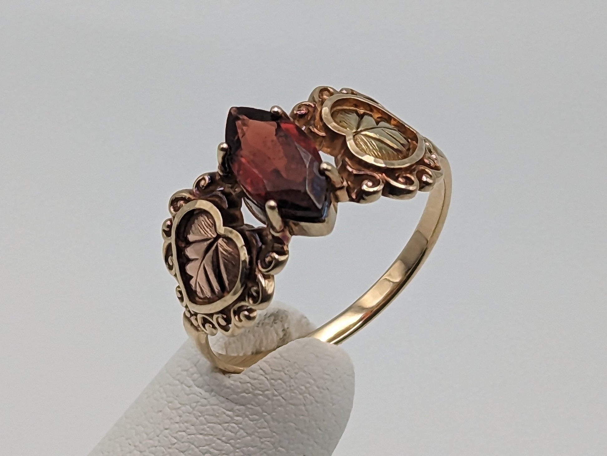 10k 12k Black Hills Gold Red Garnet Marquise Cut Stone Ring Leaf Red Stone Leaf Filigree Ring. 10k Womens Black Hills Vine Ring.