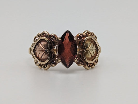 10k 12k Black Hills Gold Red Garnet Marquise Cut Stone Ring Leaf Red Stone Leaf Filigree Ring. 10k Womens Black Hills Vine Ring.