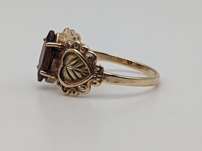 10k 12k Black Hills Gold Red Garnet Marquise Cut Stone Ring Leaf Red Stone Leaf Filigree Ring. 10k Womens Black Hills Vine Ring.