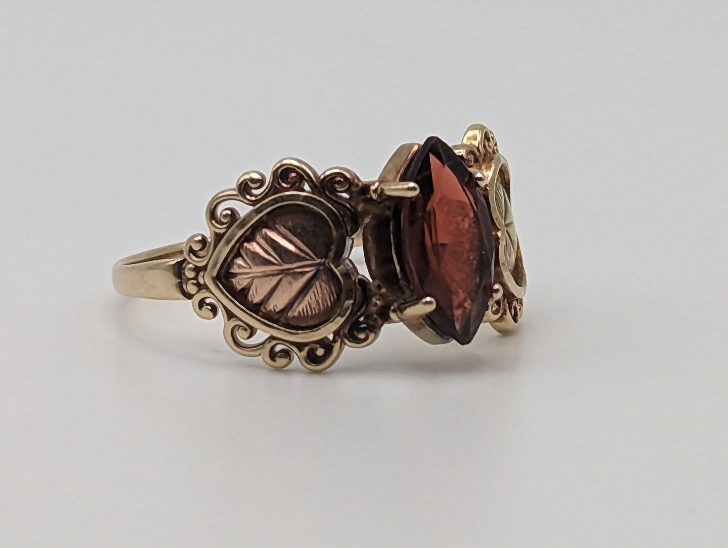 10k 12k Black Hills Gold Red Garnet Marquise Cut Stone Ring Leaf Red Stone Leaf Filigree Ring. 10k Womens Black Hills Vine Ring.