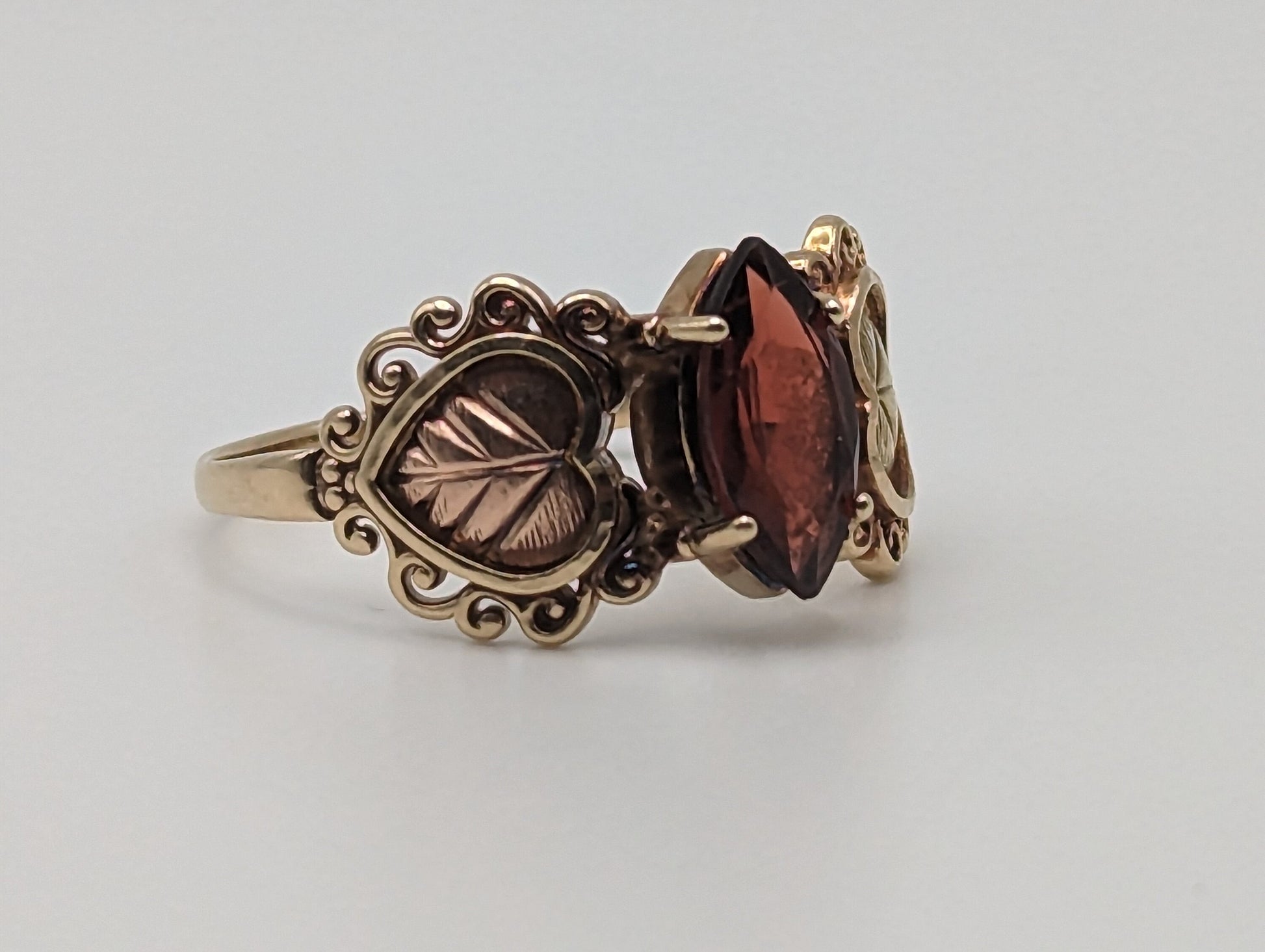 10k 12k Black Hills Gold Red Garnet Marquise Cut Stone Ring Leaf Red Stone Leaf Filigree Ring. 10k Womens Black Hills Vine Ring.