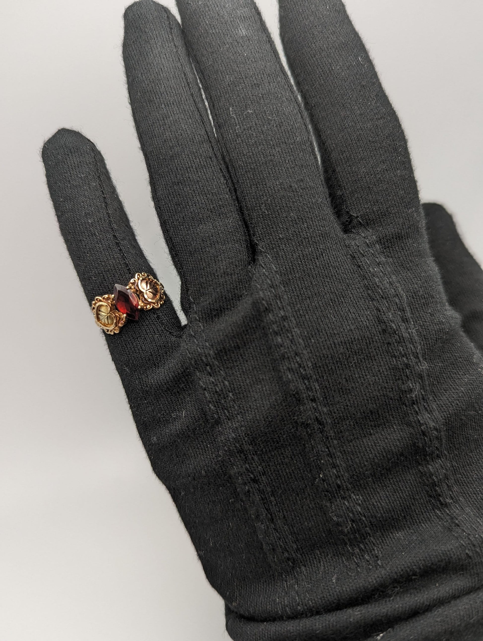 10k 12k Black Hills Gold Red Garnet Marquise Cut Stone Ring Leaf Red Stone Leaf Filigree Ring. 10k Womens Black Hills Vine Ring.