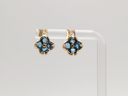 14k Gold Blue Topaz Daisy Flower Clover Earrings. 14k Yellow Gold Flower Earrings.