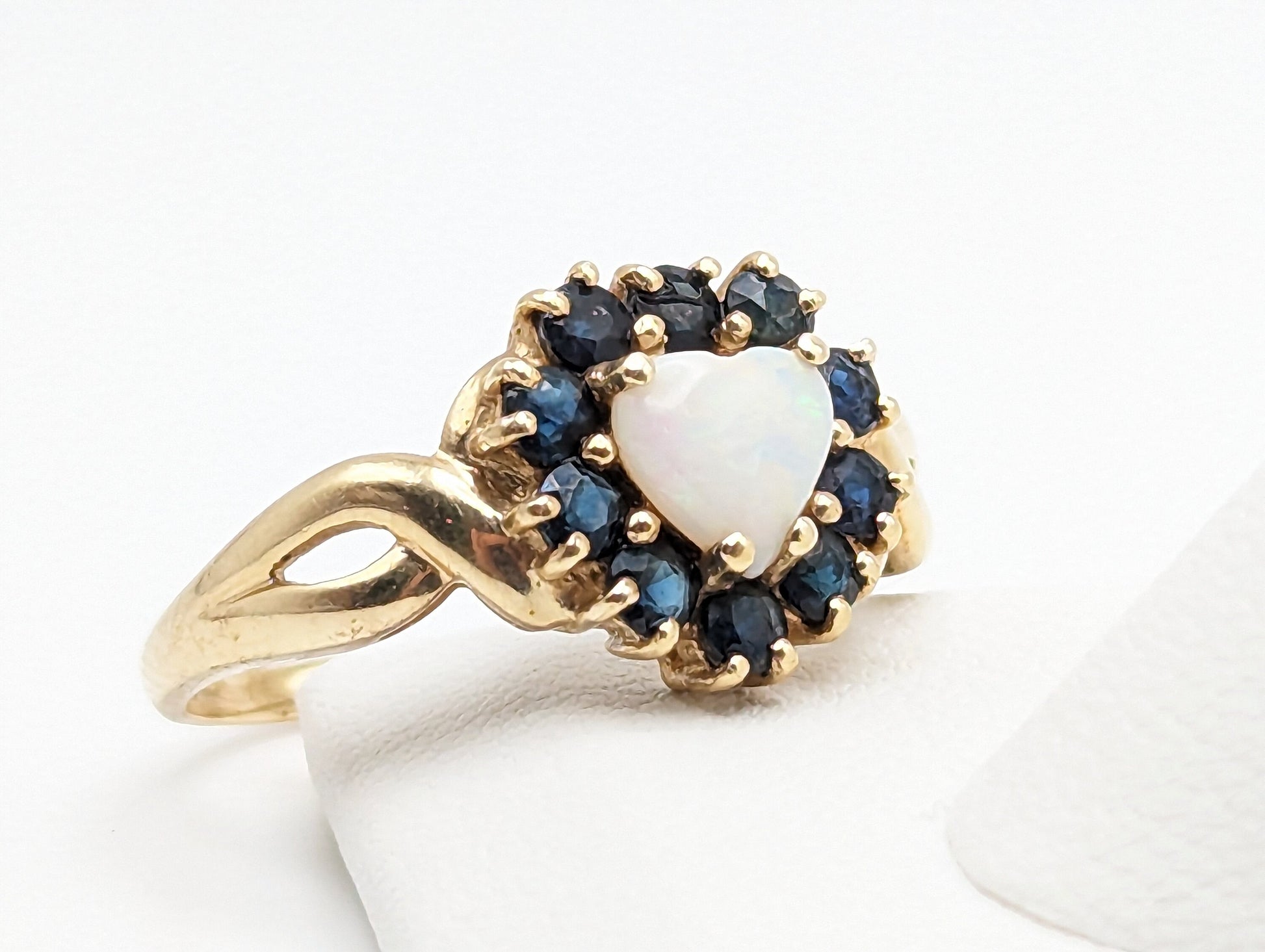 10k Yellow Gold Blue Sapphire Opal Heart Ring. Opal Sapphire Ring. Womens Heart Sapphire Opal Ring.