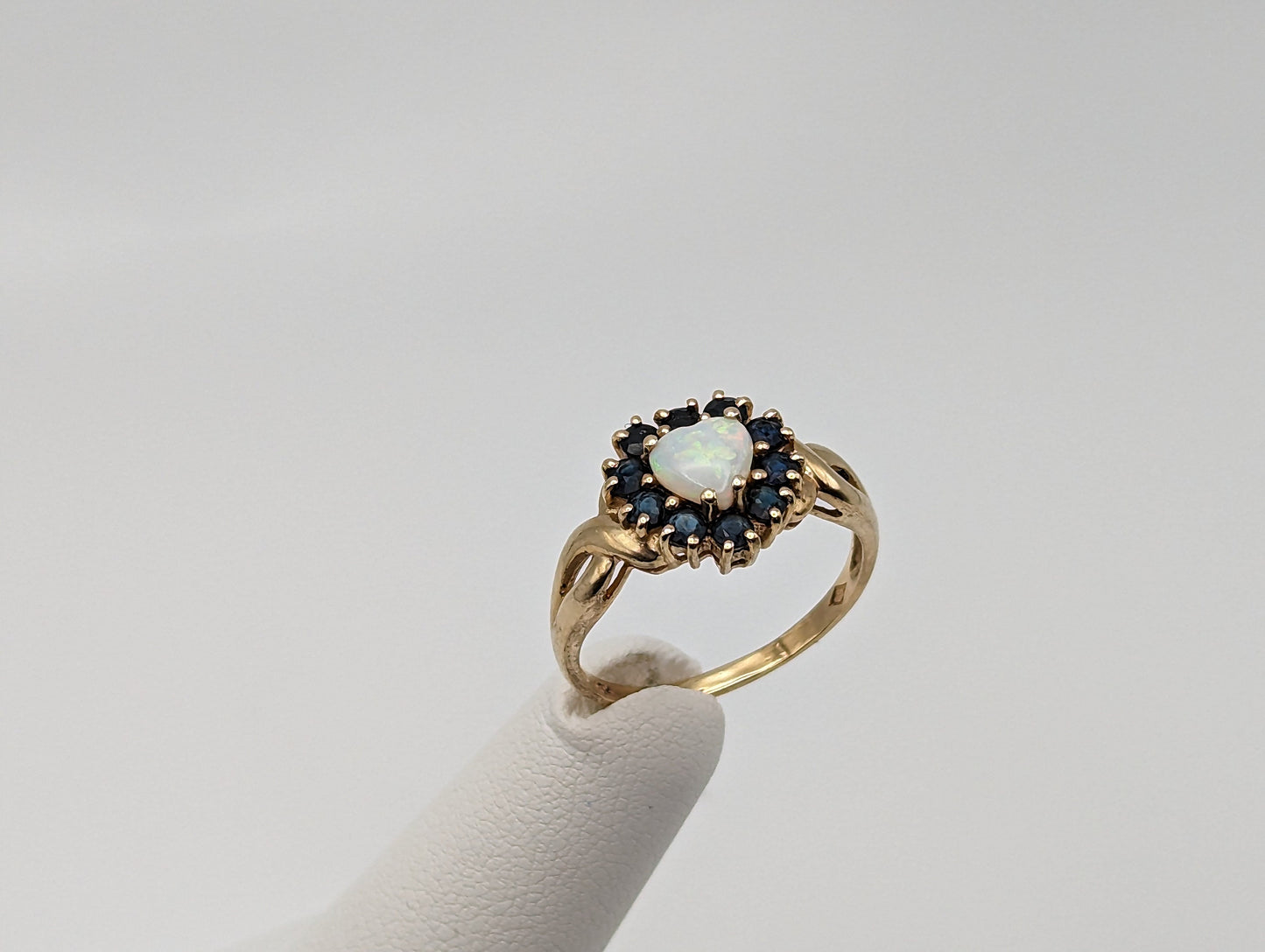 10k Yellow Gold Blue Sapphire Opal Heart Ring. Opal Sapphire Ring. Womens Heart Sapphire Opal Ring.