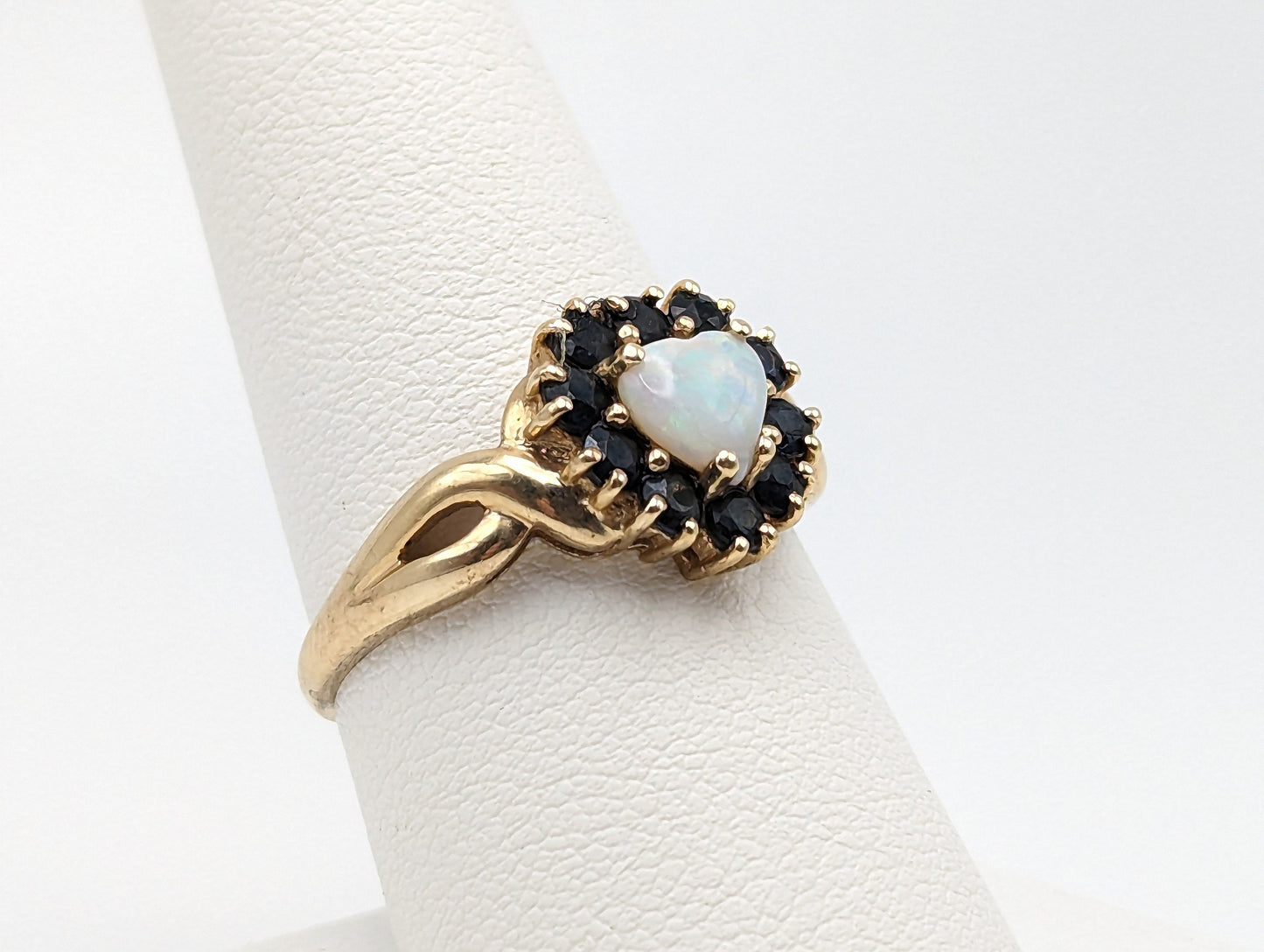 10k Yellow Gold Blue Sapphire Opal Heart Ring. Opal Sapphire Ring. Womens Heart Sapphire Opal Ring.