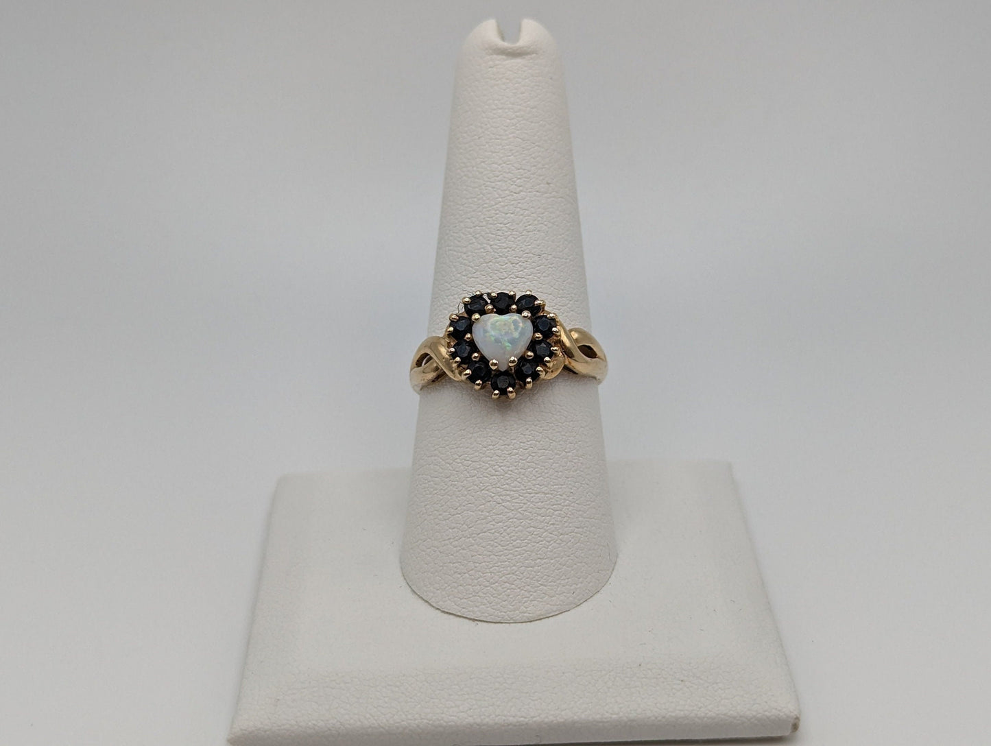 10k Yellow Gold Blue Sapphire Opal Heart Ring. Opal Sapphire Ring. Womens Heart Sapphire Opal Ring.