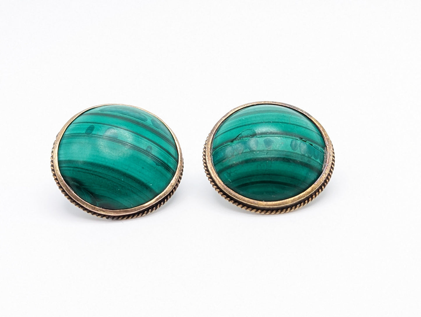 Vintage Large 10k Victorian Round Malachite Earrings. 10k Malachite Earrings. Round Malachite Earrings.