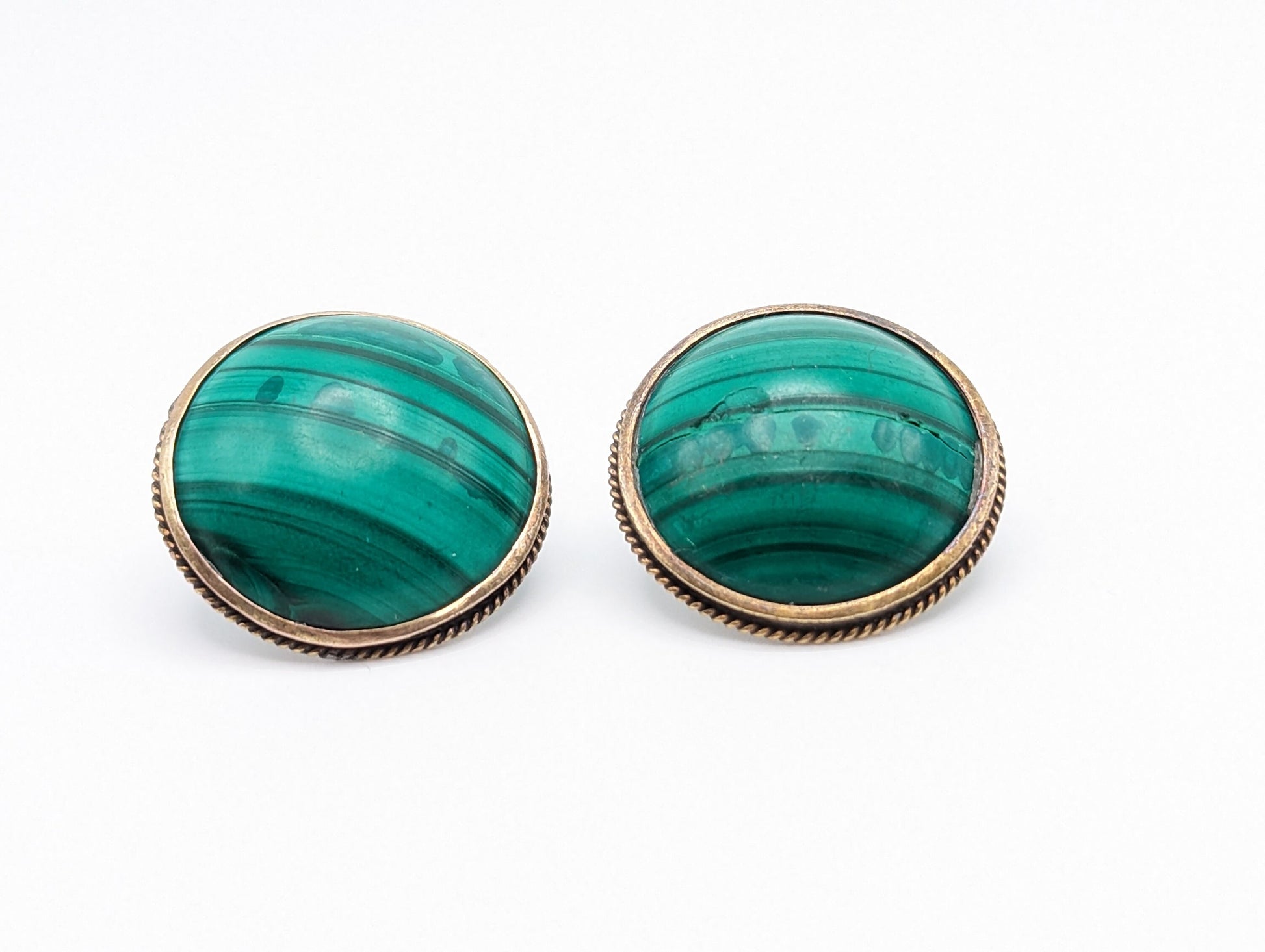 Vintage Large 10k Victorian Round Malachite Earrings. 10k Malachite Earrings. Round Malachite Earrings.