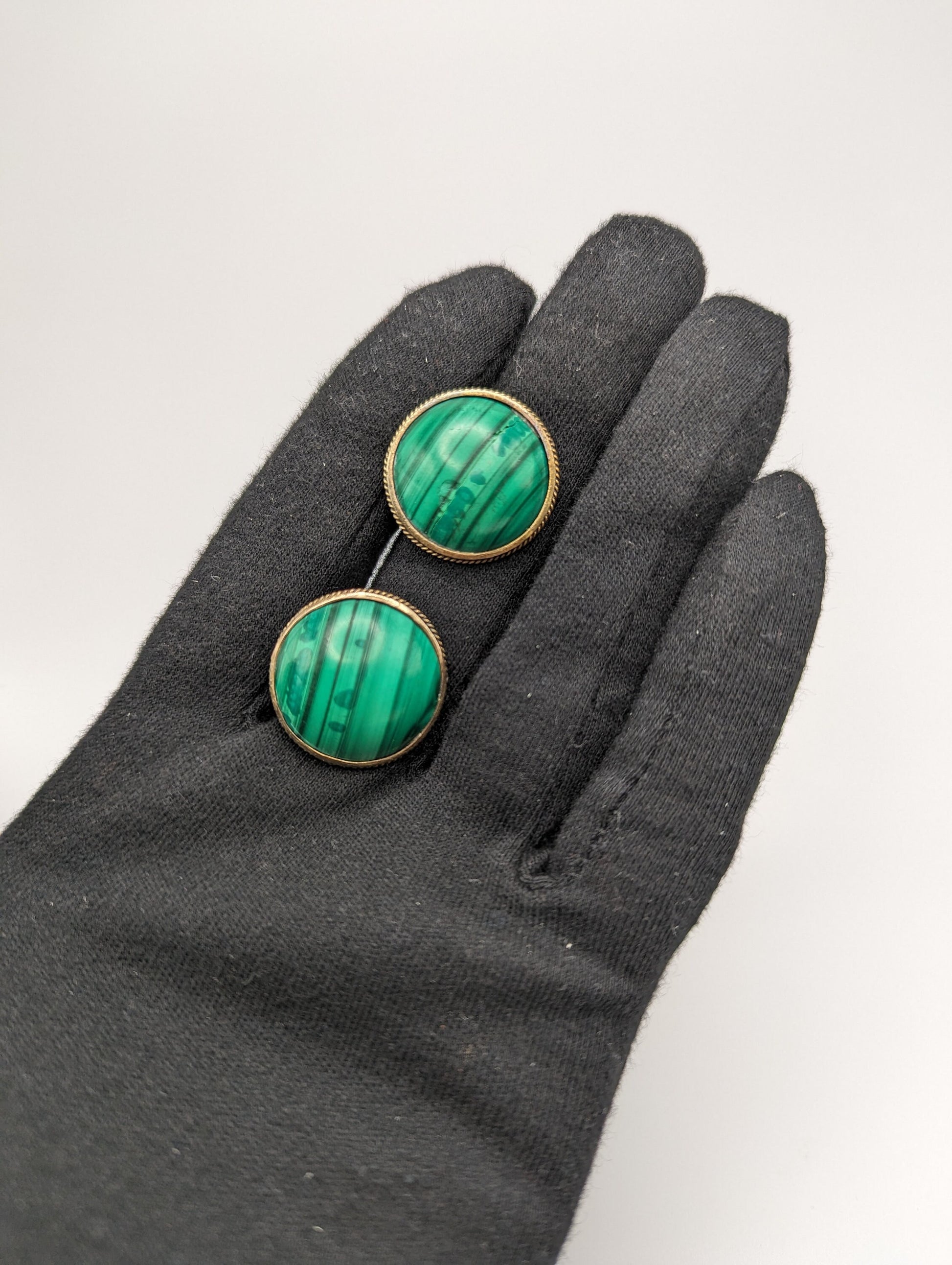 Vintage Large 10k Victorian Round Malachite Earrings. 10k Malachite Earrings. Round Malachite Earrings.