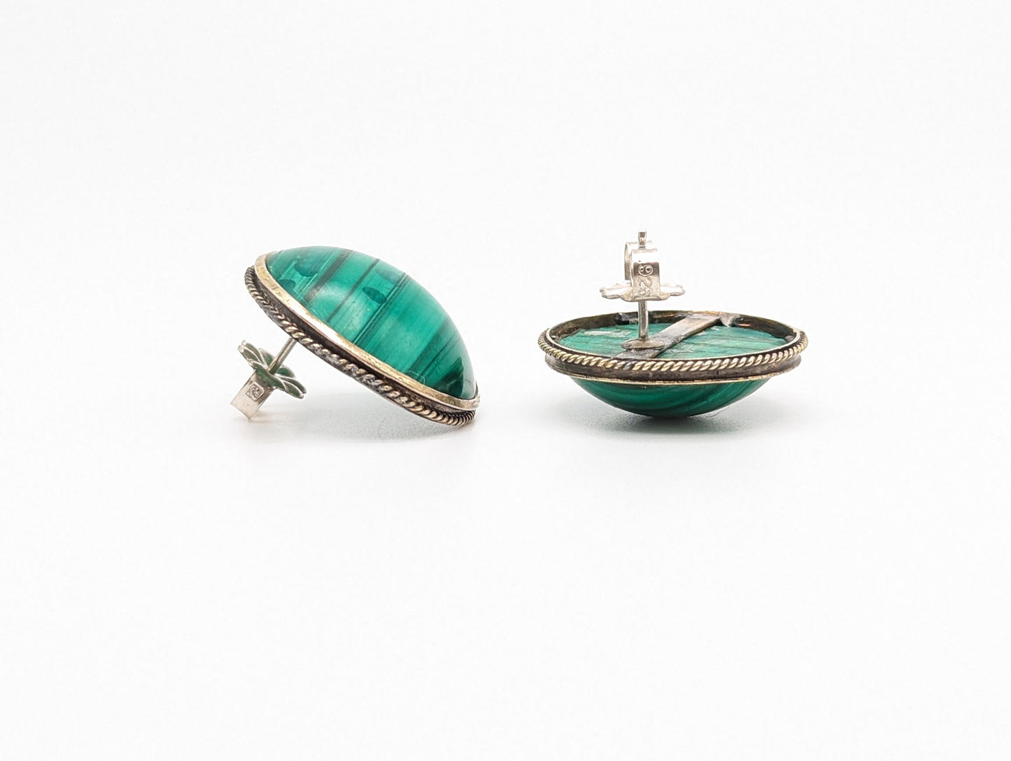 Vintage Large 10k Victorian Round Malachite Earrings. 10k Malachite Earrings. Round Malachite Earrings.