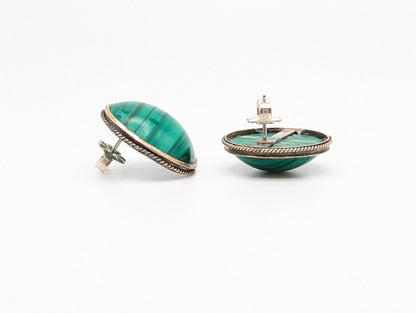 Vintage Large 10k Victorian Round Malachite Earrings. 10k Malachite Earrings. Round Malachite Earrings.