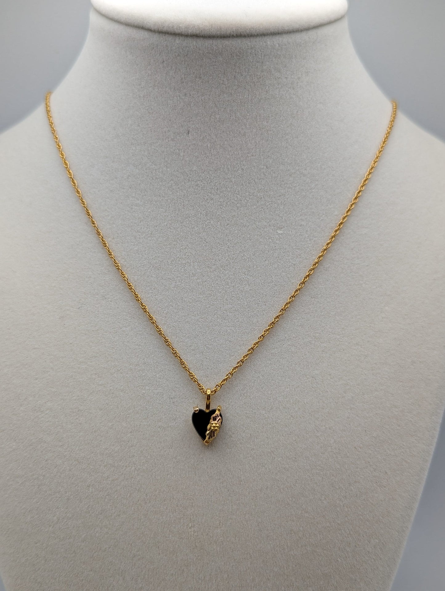 10k 12k Black Hills Gold Rose Gold Vine Onyx Heart w/ GF 12k Necklace. Black Hills Gold Onyx Heart Necklace.