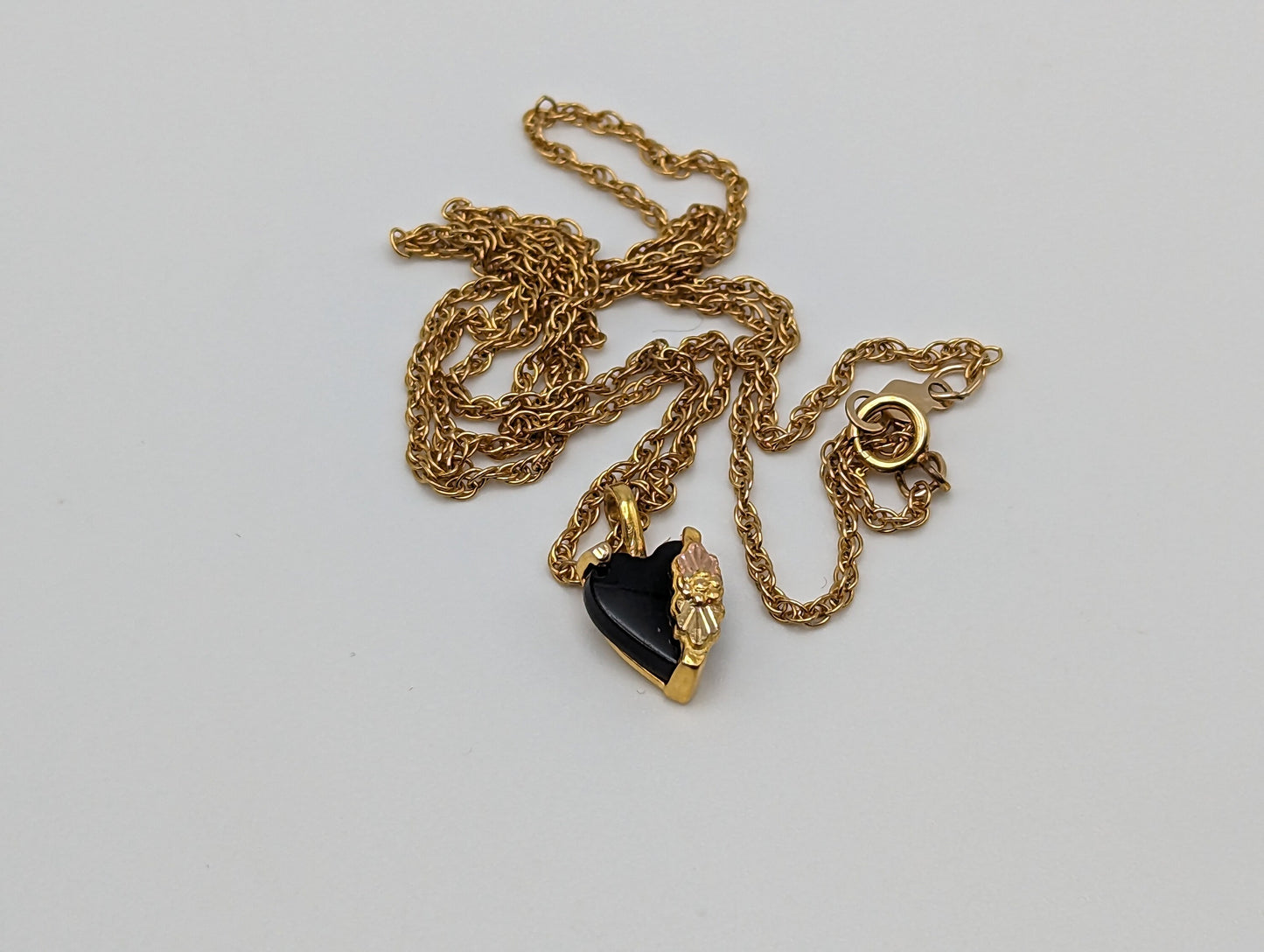 10k 12k Black Hills Gold Rose Gold Vine Onyx Heart w/ GF 12k Necklace. Black Hills Gold Onyx Heart Necklace.