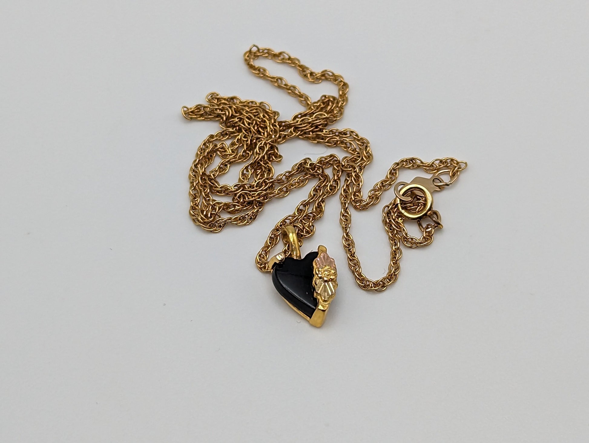 10k 12k Black Hills Gold Rose Gold Vine Onyx Heart w/ GF 12k Necklace. Black Hills Gold Onyx Heart Necklace.