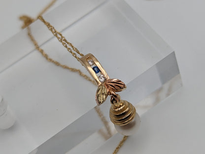 12k Pearl Pendant Black Hills Gold Diamond White Sapphire Blue Topaz 14k Necklace Gold Pearl Chain Pendant + 14k Yellow Gold 19" Chain