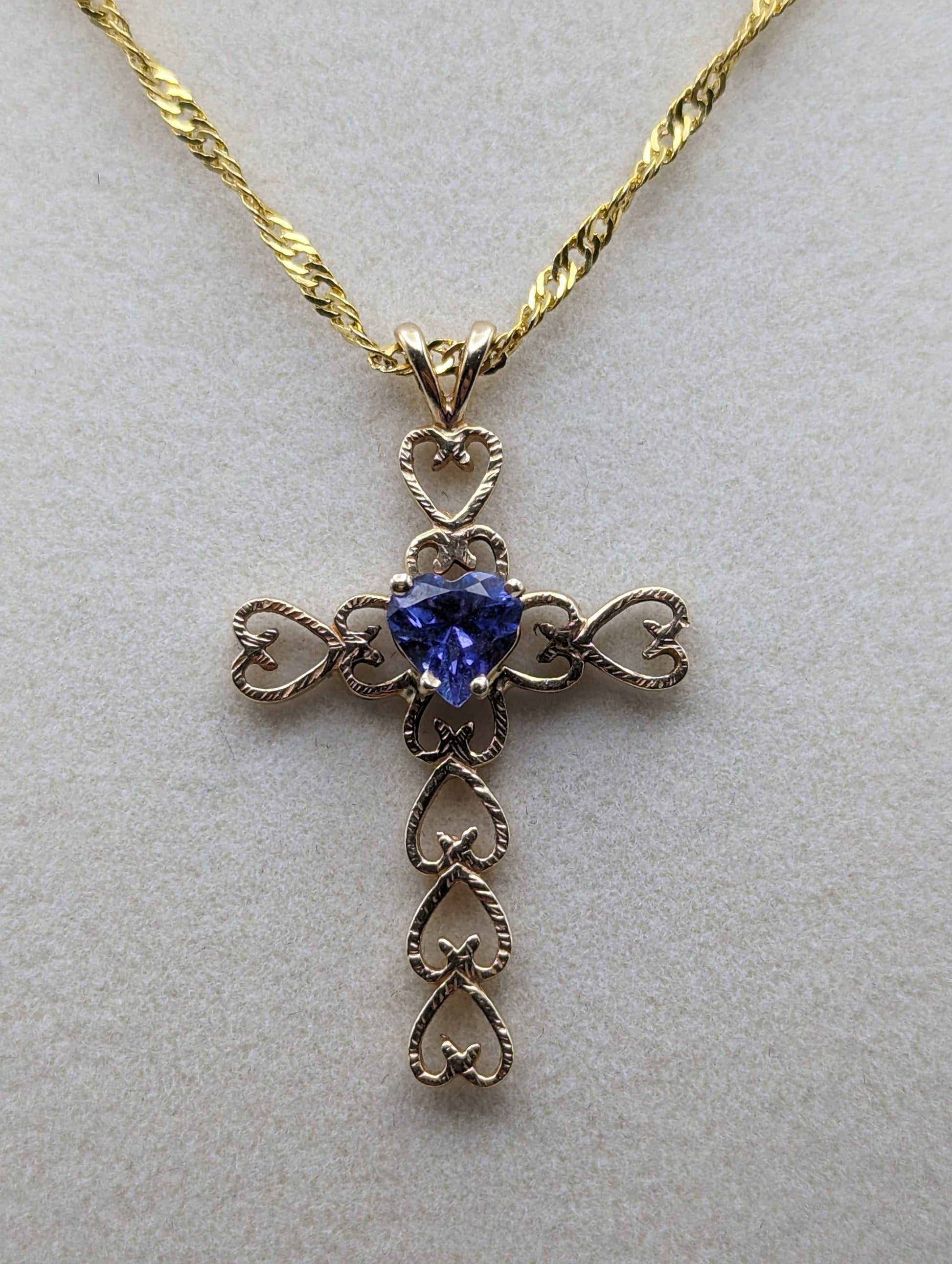 Large 14k Heart Cross with Blue Iolite Pendant. 14k Yellow Gold Crucifix. 14k Yellow Gold Cross Pendant + Complimentary 18k GF Necklace