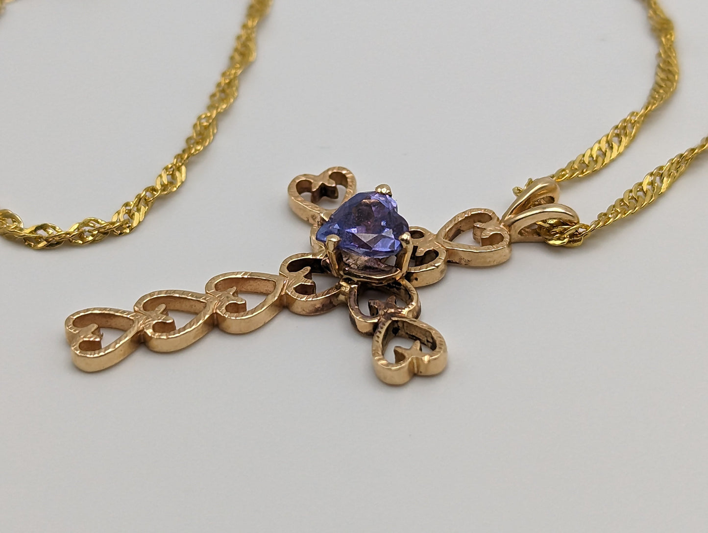 Large 14k Heart Cross with Blue Iolite Pendant. 14k Yellow Gold Crucifix. 14k Yellow Gold Cross Pendant + Complimentary 18k GF Necklace