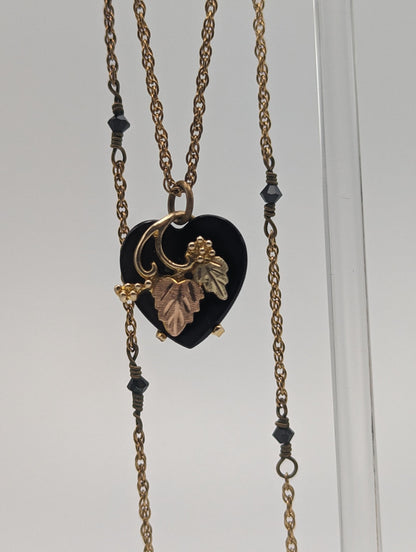 10k 12k Black Hills Gold Rose Gold Vine Onyx Heart Pendant w/ 12k GF Necklace. BHG Onyx Heart Pendant Necklace 20 "