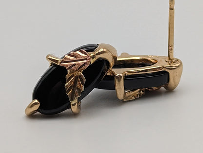 10k 14k Black Hills Gold Marquise Cut Onyx Earrings Tri Color Vintage Pierced Studs Onyx Earrings BHG