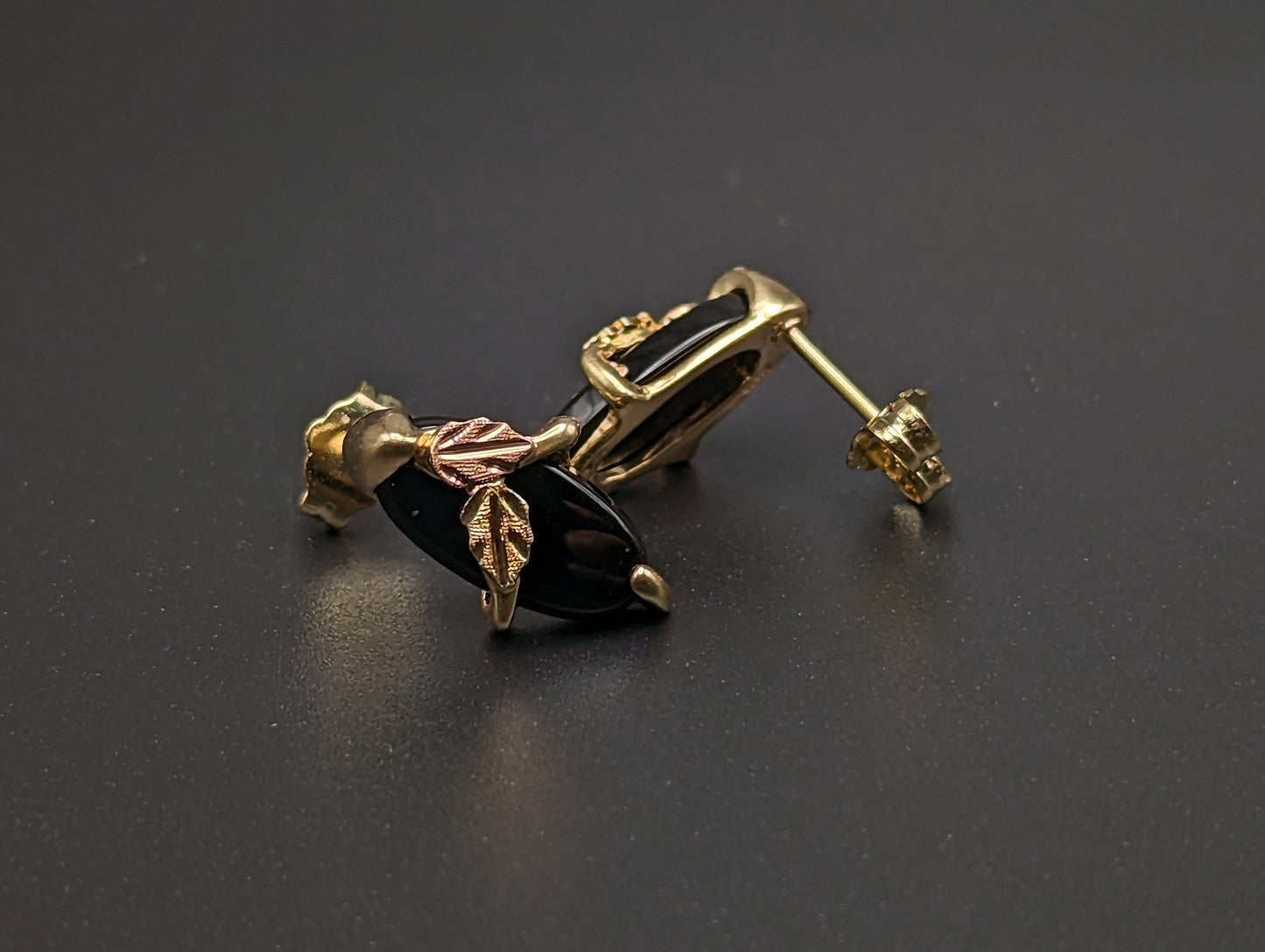 10k 14k Black Hills Gold Marquise Cut Onyx Earrings Tri Color Vintage Pierced Studs Onyx Earrings BHG