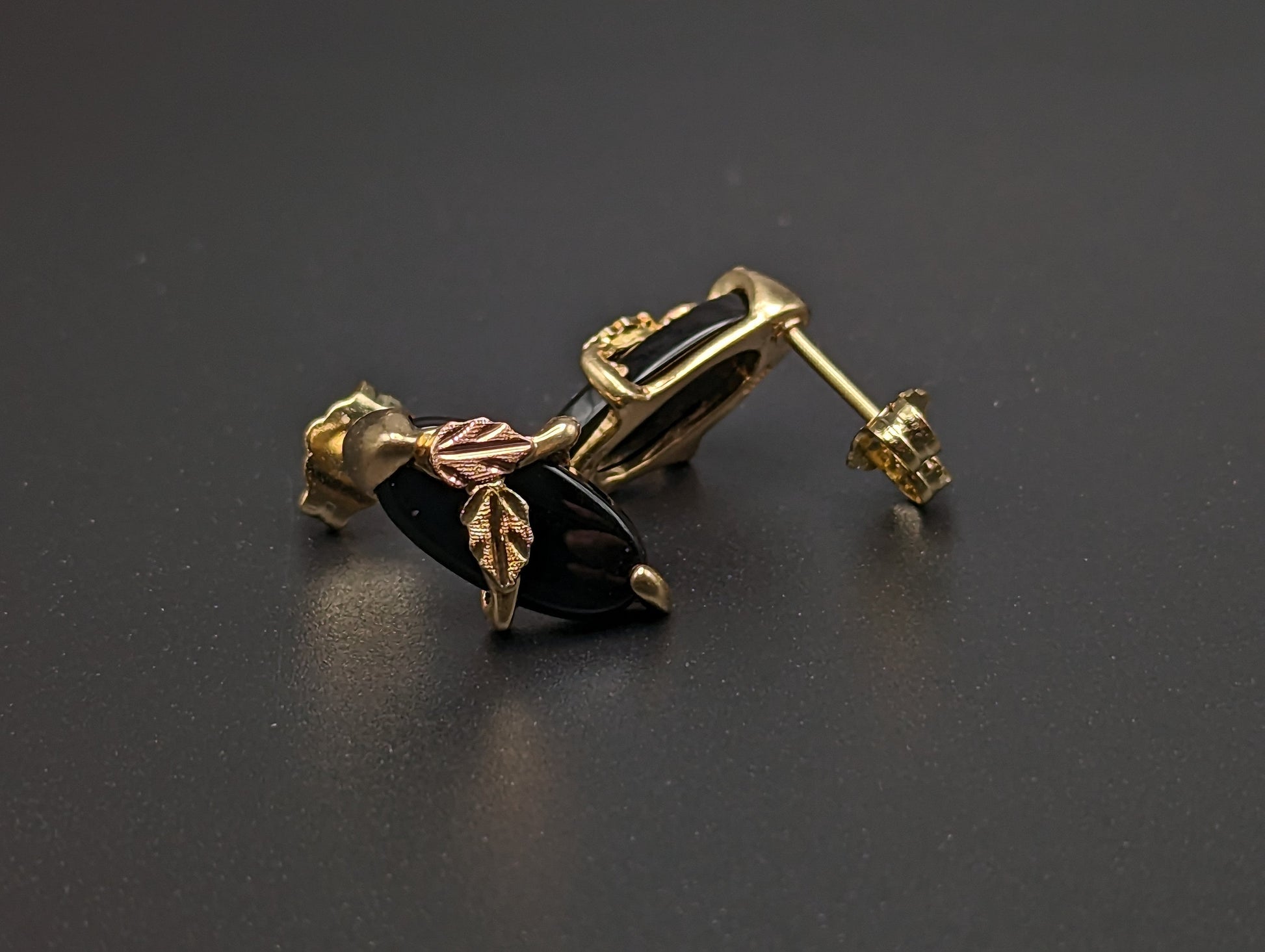 10k 14k Black Hills Gold Marquise Cut Onyx Earrings Tri Color Vintage Pierced Studs Onyx Earrings BHG