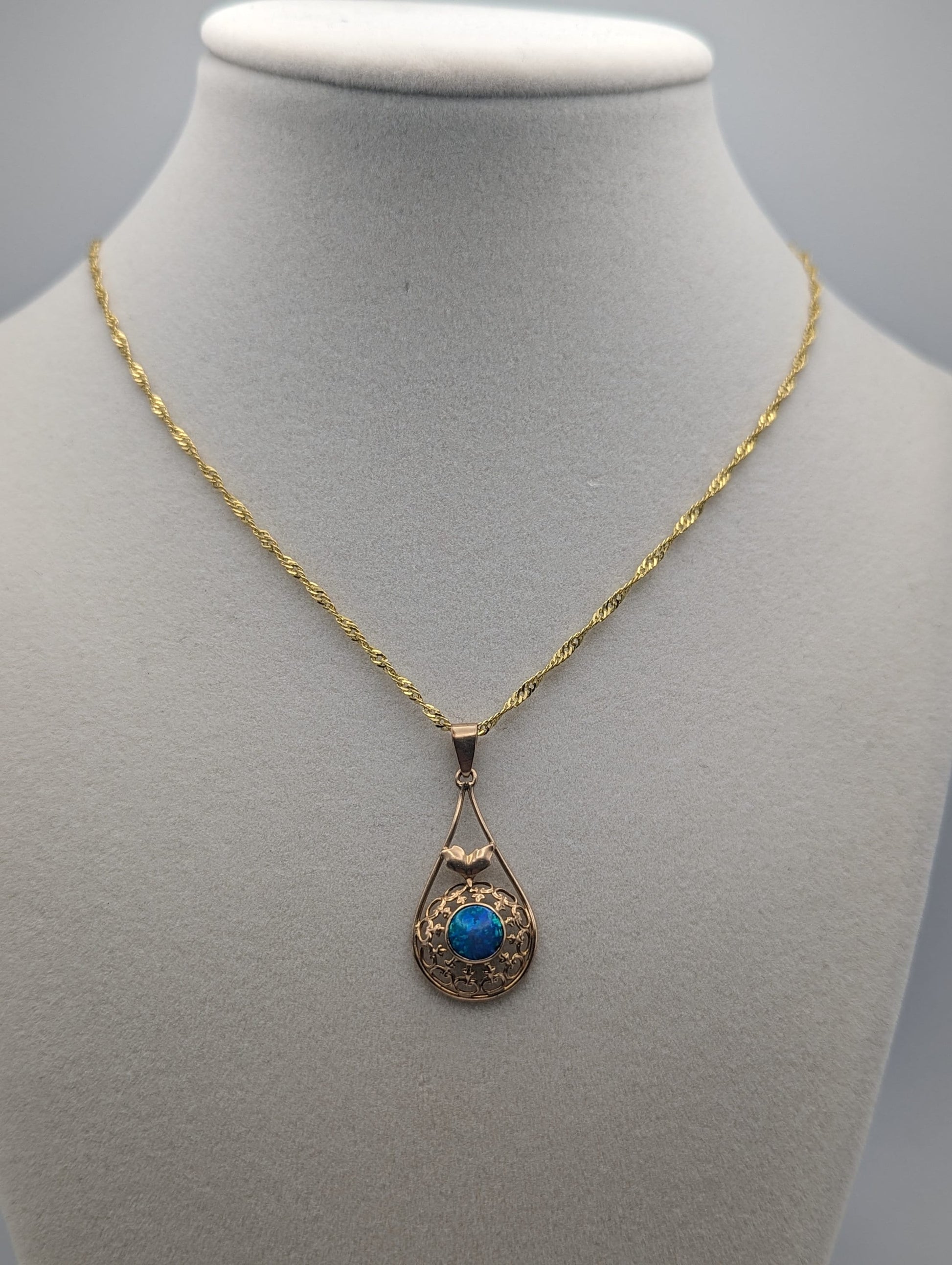 Antique 14k Yellow Gold Blue Opal Pendant Art Deco Necklace Tear Drop Filigree Opal Pendant Complimentary 18k GF necklace