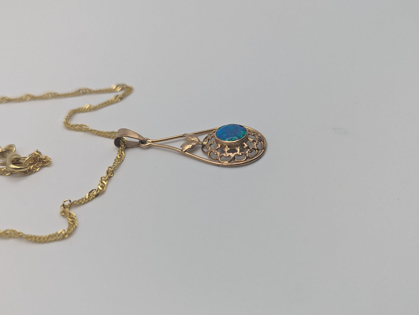 Antique 14k Yellow Gold Blue Opal Pendant Art Deco Necklace Tear Drop Filigree Opal Pendant Complimentary 18k GF necklace