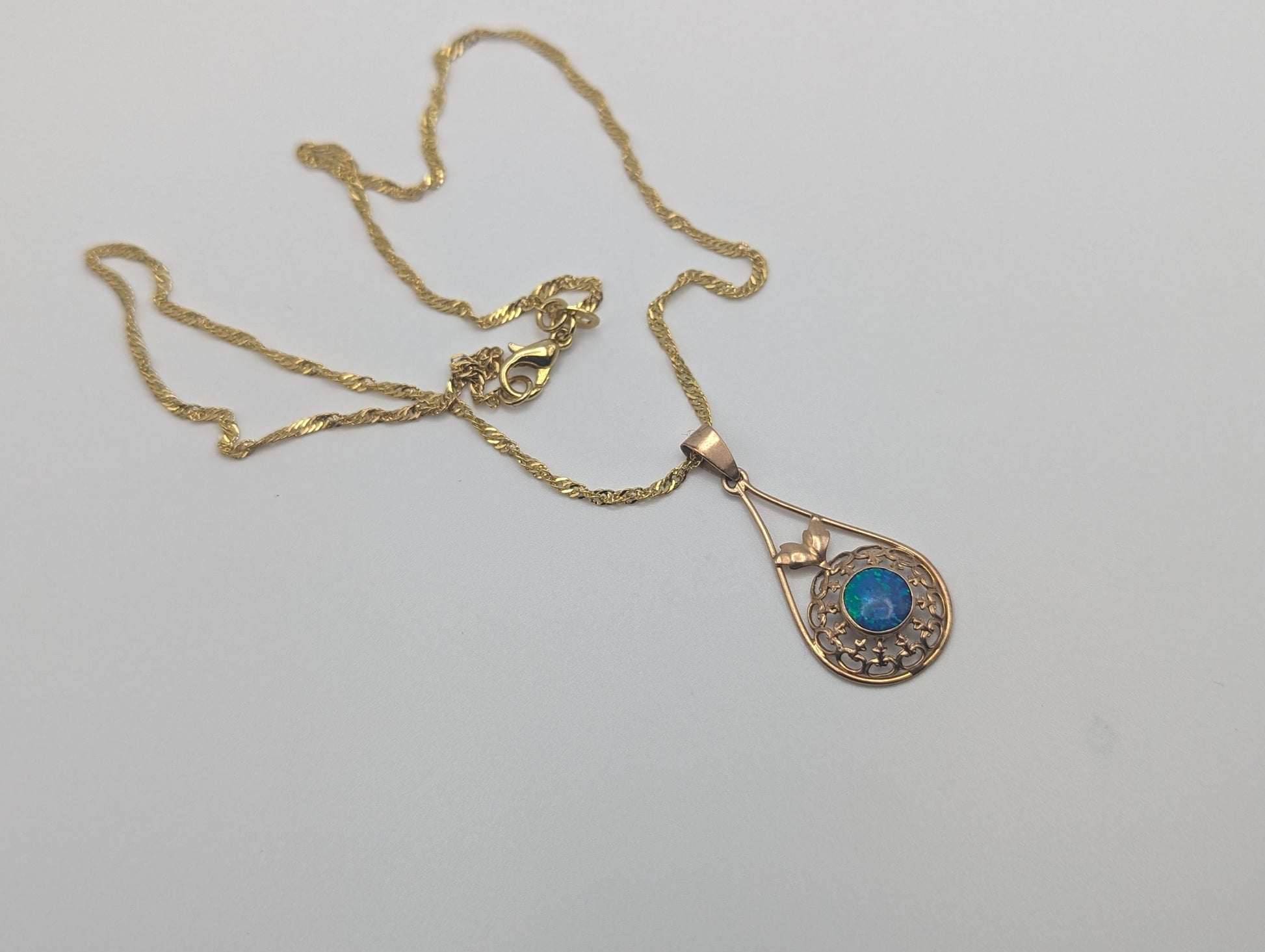 Antique 14k Yellow Gold Blue Opal Pendant Art Deco Necklace Tear Drop Filigree Opal Pendant Complimentary 18k GF necklace