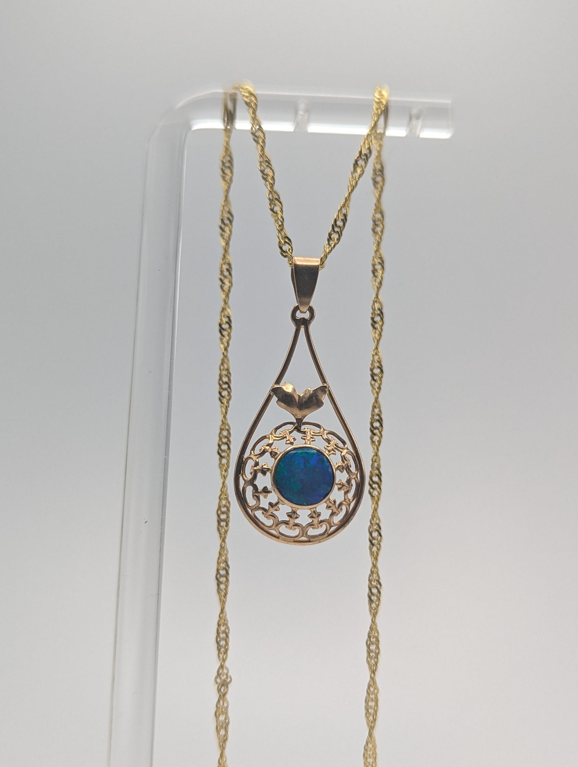 Antique 14k Yellow Gold Blue Opal Pendant Art Deco Necklace Tear Drop Filigree Opal Pendant Complimentary 18k GF necklace