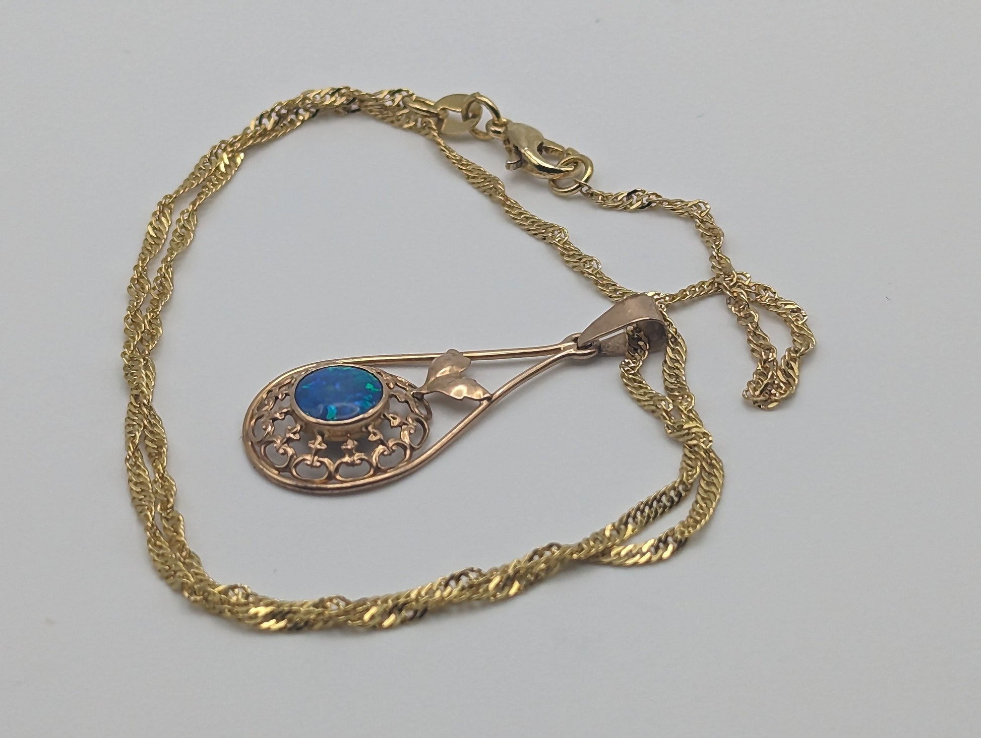 Antique 14k Yellow Gold Blue Opal Pendant Art Deco Necklace Tear Drop Filigree Opal Pendant Complimentary 18k GF necklace