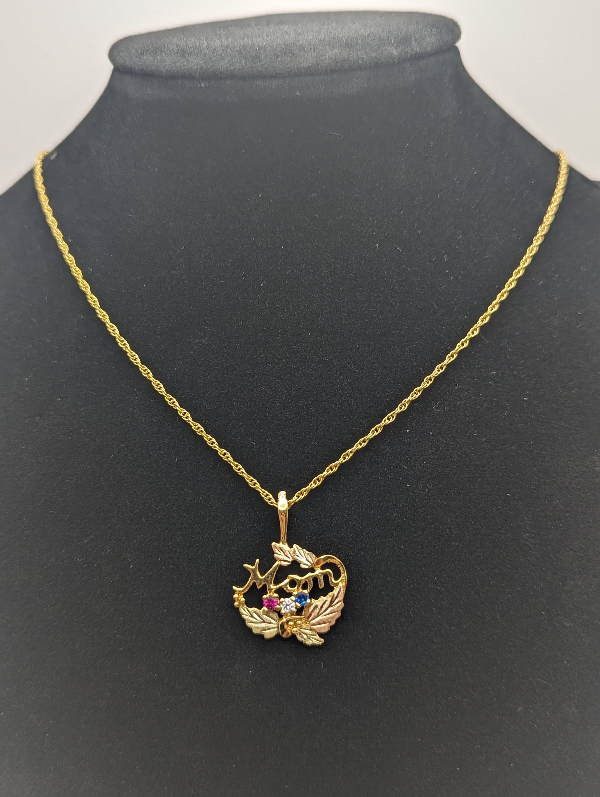 14k Black Hills Gold MOM Necklace. Black Hills Gold Mom w/ Ruby and Topaz Necklace. 18" GF Chain,