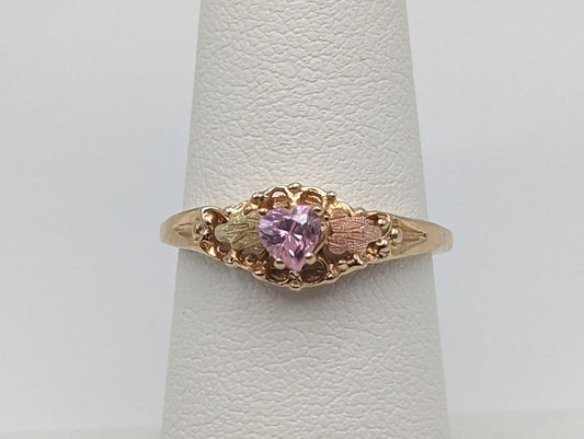 10k Black Hills Gold Pink Heart Stone Ring. 10k Leaf Pink Heart Stone Vine Ring. 10k Womens Black Hills Vine Ring.