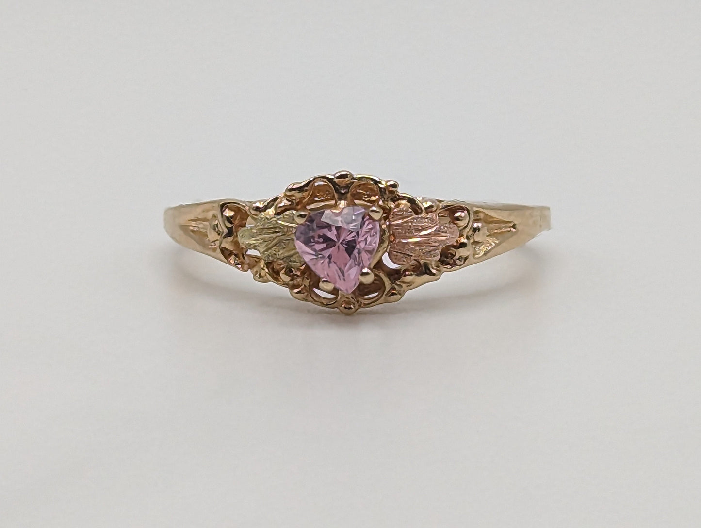 10k Black Hills Gold Pink Heart Stone Ring. 10k Leaf Pink Heart Stone Vine Ring. 10k Womens Black Hills Vine Ring.