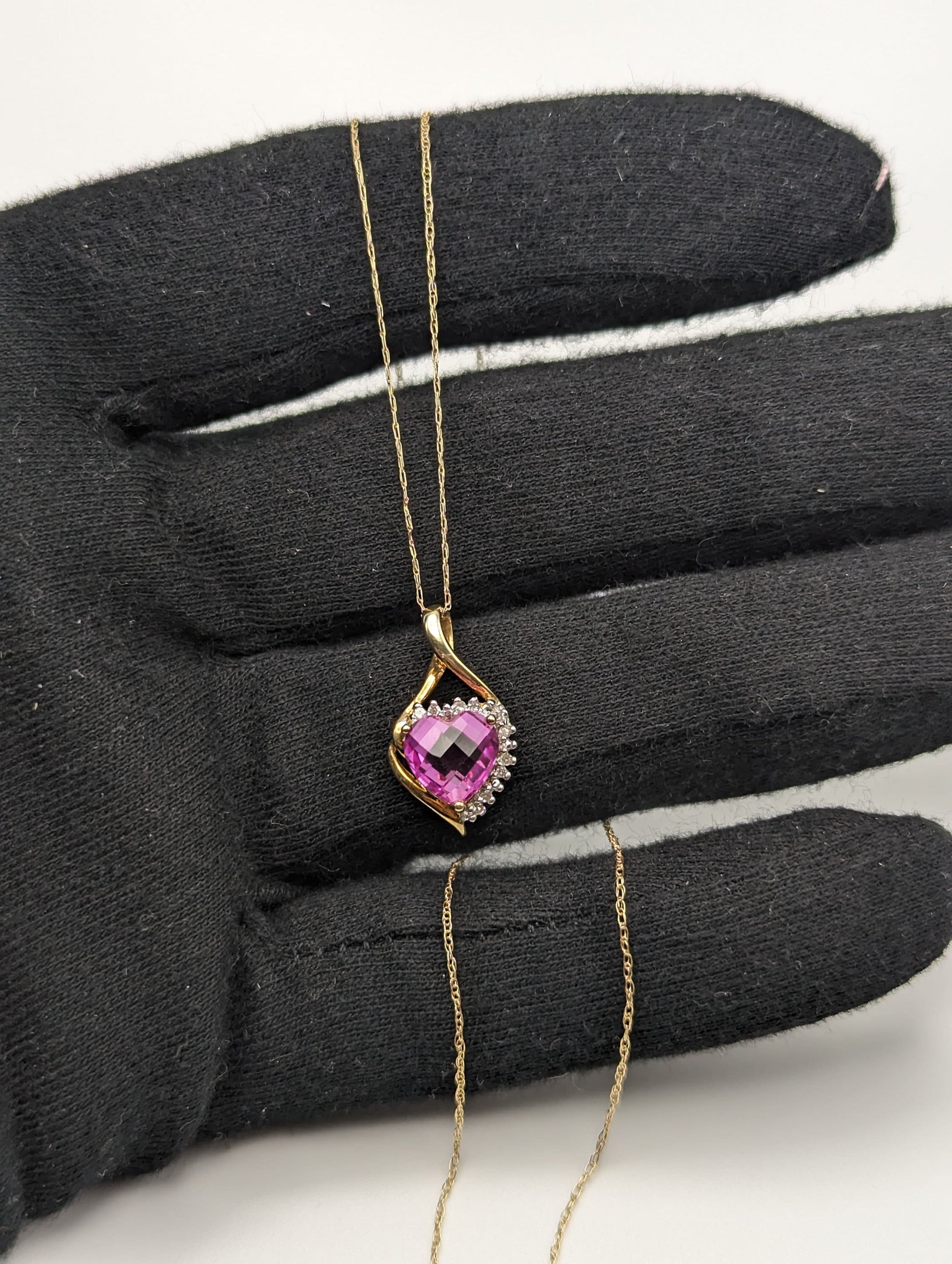 10K Yellow Gold Pink Sapphire Heart Diamond Pendant Gold Chain Necklace. 10k Sapphire Heart Pendant. 10k Heart Pendant