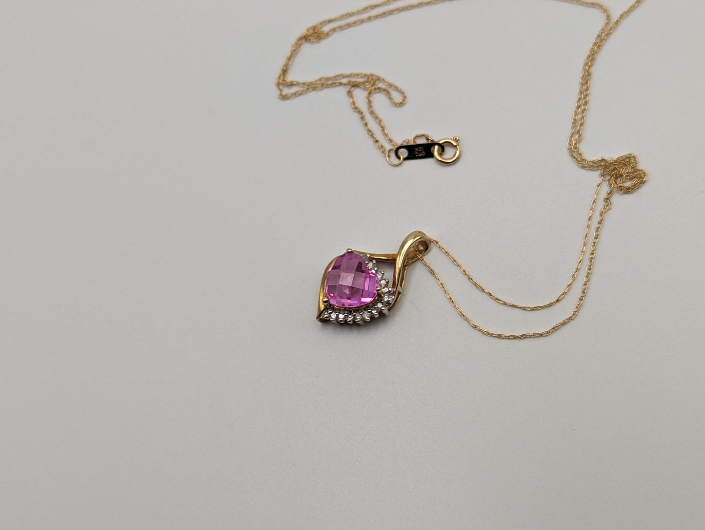 10K Yellow Gold Pink Sapphire Heart Diamond Pendant Gold Chain Necklace. 10k Sapphire Heart Pendant. 10k Heart Pendant