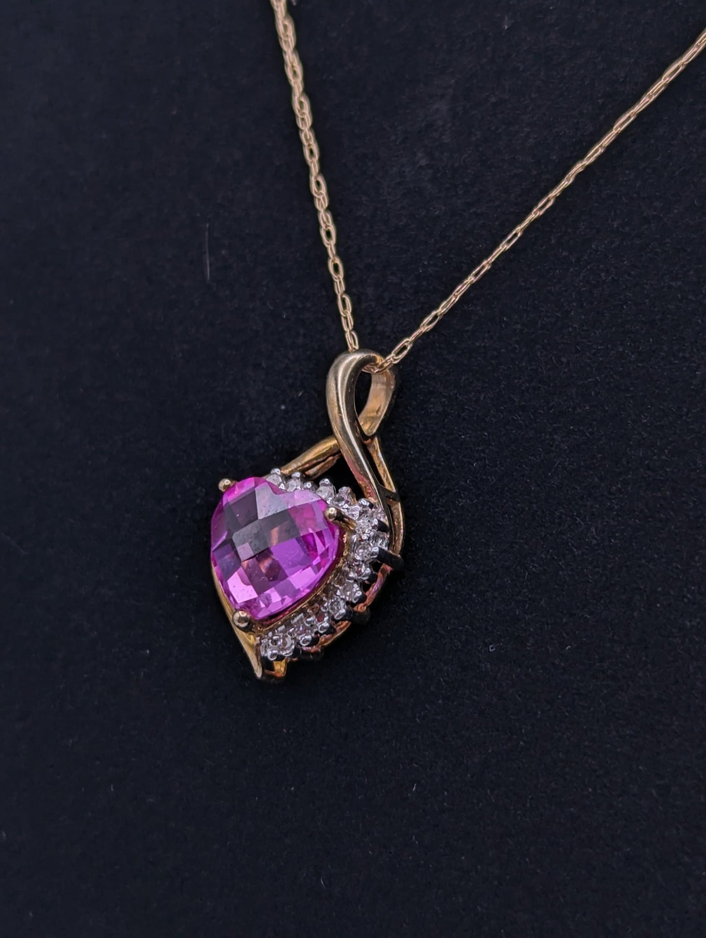 10K Yellow Gold Pink Sapphire Heart Diamond Pendant Gold Chain Necklace. 10k Sapphire Heart Pendant. 10k Heart Pendant