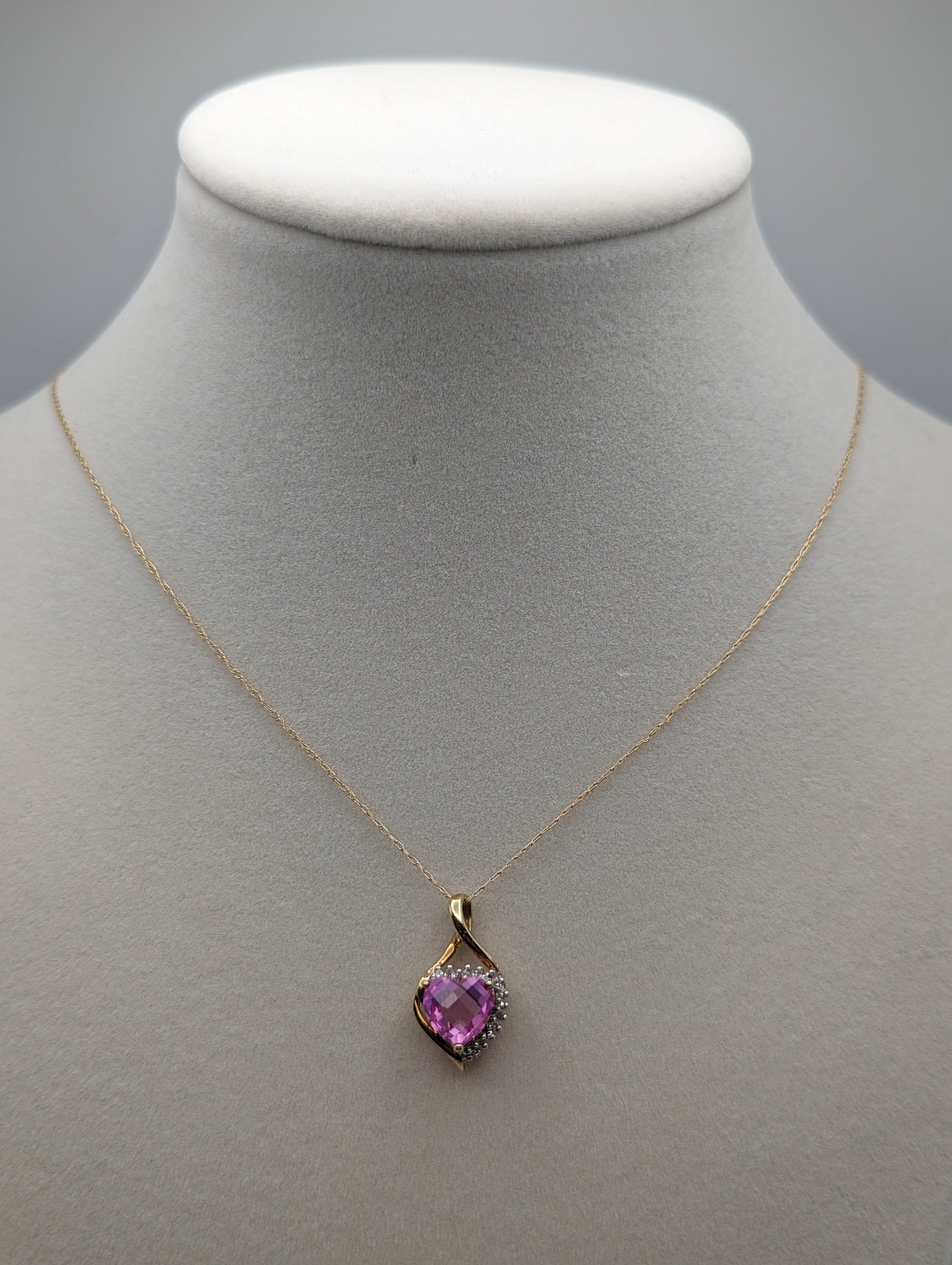 10K Yellow Gold Pink Sapphire Heart Diamond Pendant Gold Chain Necklace. 10k Sapphire Heart Pendant. 10k Heart Pendant