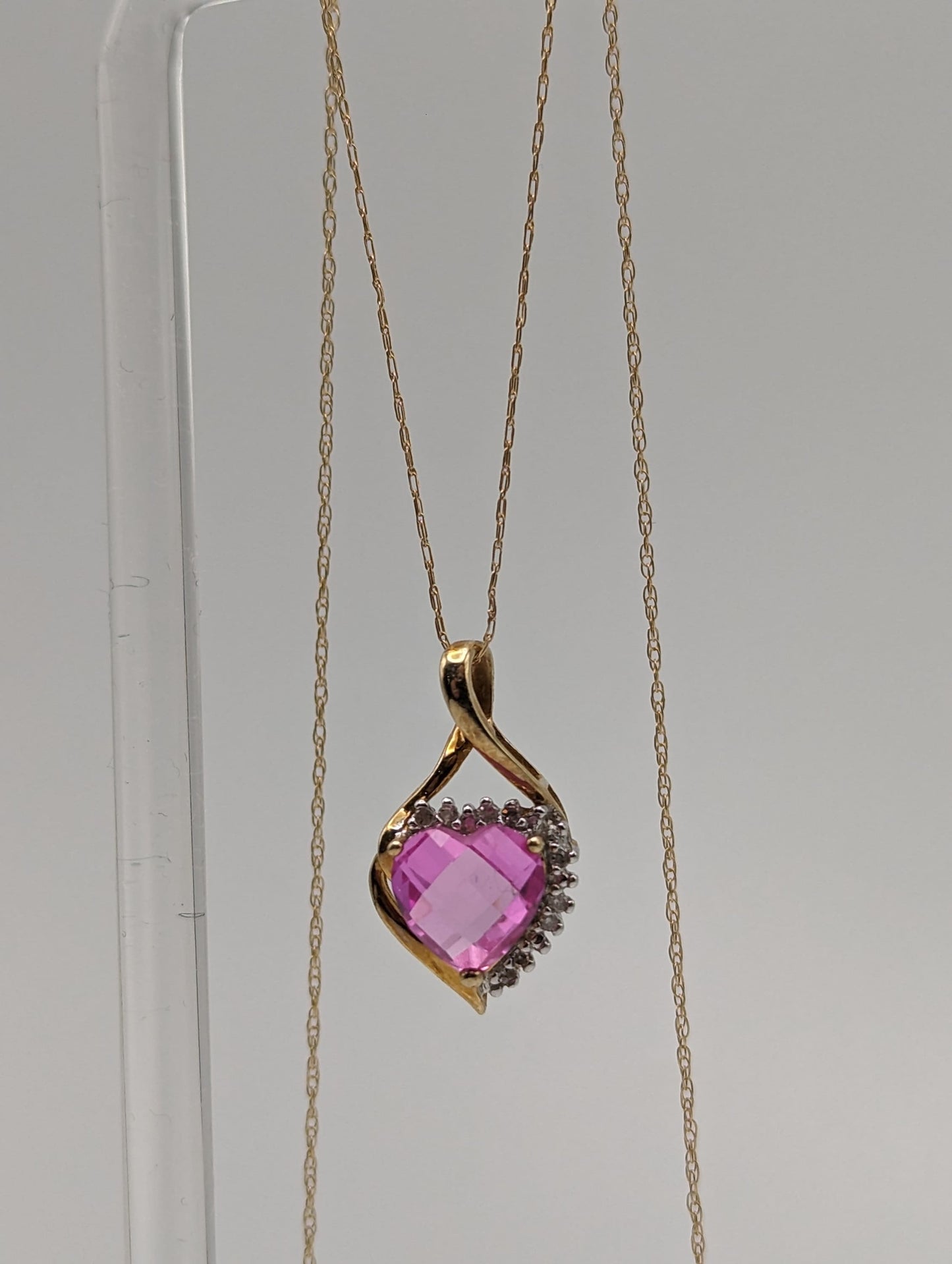 10K Yellow Gold Pink Sapphire Heart Diamond Pendant Gold Chain Necklace. 10k Sapphire Heart Pendant. 10k Heart Pendant