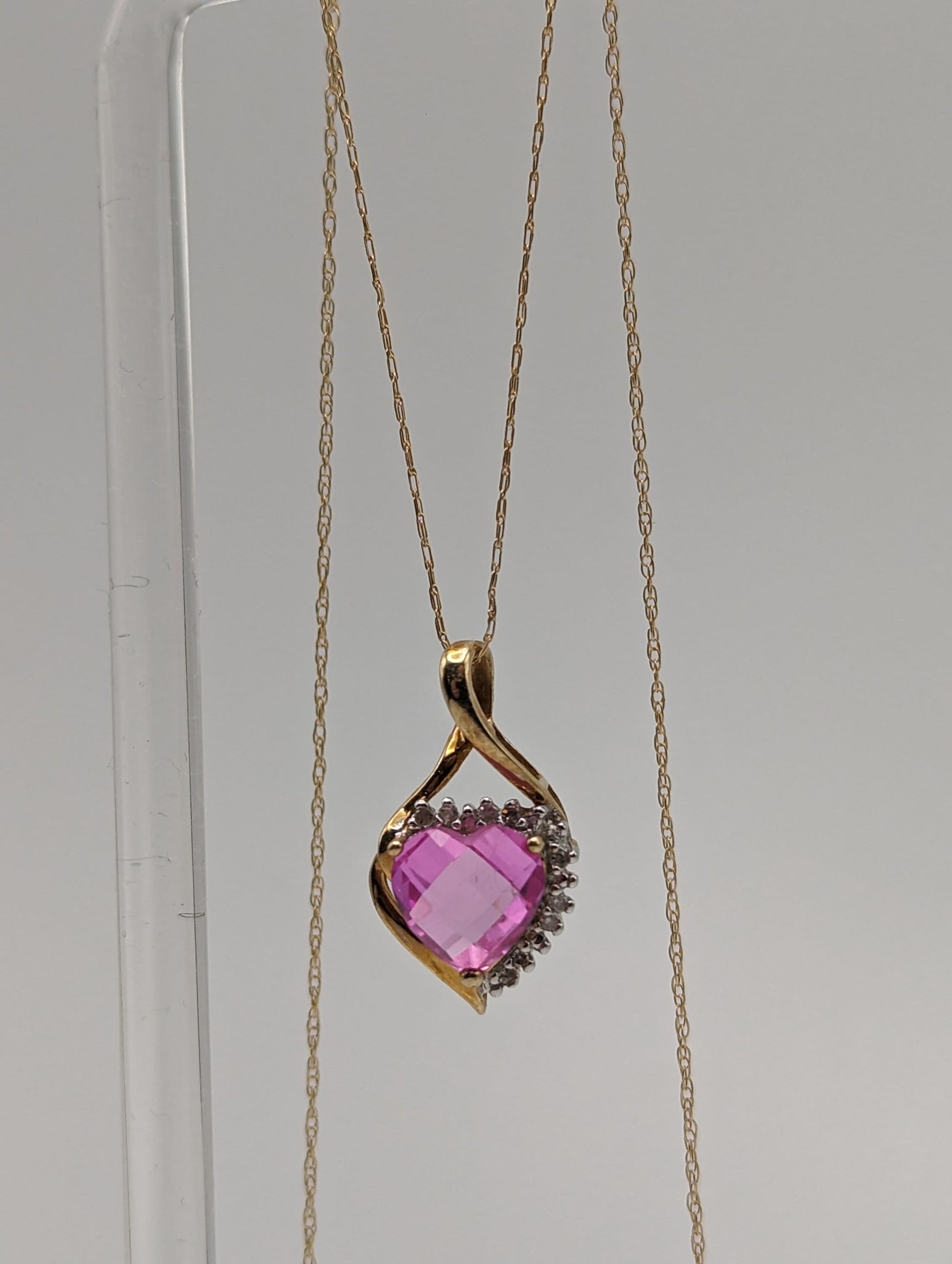 10K Yellow Gold Pink Sapphire Heart Diamond Pendant Gold Chain Necklace. 10k Sapphire Heart Pendant. 10k Heart Pendant